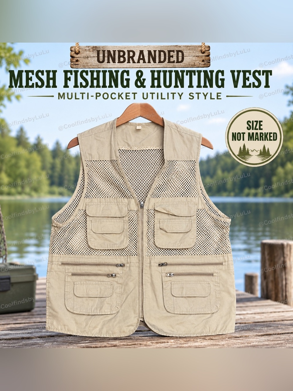 NWOT Beige Mesh Fishing Hunting Utility Vest Multi-Pocket